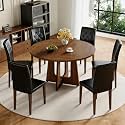 47" Round Dining Table Set for 6, Walnut Wood Grain Table and 6 Chairs Set