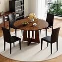 47" Round Dining Table Set for 4, Walnut Wood Grain Table and 4 Chairs Set