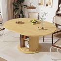 47-63in Extendable Round Dining Table for 4-8, Modern Kitchen Oval Dining Table with 2-Layer Storage Shelf, Wood Strip Base for Dining Living Room (Natural Wood)