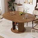 47-63in Extendable Round Dining Table for 4-8, Modern Kitchen Oval Dining Table with 2-Layer Storage Shelf, Wood Strip Base for Dining Living Room (Walnut)