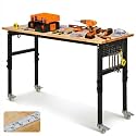 60" x 24" Heavy Duty Workbench with ETL Power Outlet, 8-Level Height Adjustment (29.5"-39.4"), Rubberwood Top with 2000 Lbs Capacity, for Garage/Workshop/Home Office,​ Metal Casters &amp; Pegboard