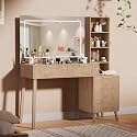 VALONDINO 48" Makeup Vanity Desk with Power Outlet，36 "HD Mirror & Glass Top Vanity，5 Drawers & 3 Shelves Vanity deske，3 Lighting Modes Brightness Adjustable,Oak