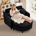 48.5" Oversized Chair and A Half, Velvet Chaise Chair with Storage, Black