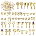 48 Pcs Dangle Charms Luxury Rhinestones for Nails - Heart Charms Gold Gems Crystal Metal Diamonds Stones for 3D Art Decoration Jewelry Making, 24 Styles