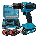48V Cordless Drill Machine Kit with 2 Li ion Batteries Dual Speed Electric Impact Driver with Keyless Chuck LED Light and Multiple Drill Bits for Wood Metal and Wall (Multi Colour)