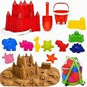 4E's Novelty Beach Toys for Kids with Bag, 12 Pcs Set Sand Castle Beach Bucket with Shovel & Large Molds - Beach Toys for Kids 3-10, Sand Toys for Toddlers with Mesh Beach Bag