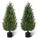 4FT Artificial Cedar Trees, Set of 2 Faux Cedar Topiary Plants with Planters, UV Resistant Fake Evergreen Trees for Indoor Outdoor Porch, Patio, Entryway, Garden Home Decor