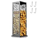 4ft Firewood Rack with Leaf Pattern, Fire Wood Storage Log Rack Outdoor Indoor with Hooks Adjustable Feet, Heavy Duty Log Holder for Fire Pits Fireplace Patio Deck Balcony Pergola Gazebo Black