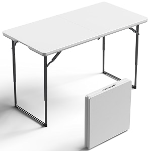 4ft folding table with adjustable height heavy duty fold-in-half plastic table with steel legs portable for indoor outdoor picnic camping dining party white