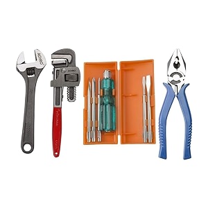 padmakshi 4pc hand tools kit 834 adjustable wrench 1034 pipe wrench 834 combination plier 5 pcs screwdriver set