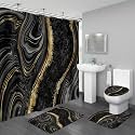 4PCS Black Gold Marble Shower Curtain Sets with Rugs, Modern Bathroom Set