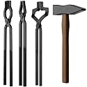4PCS Blacksmith Tongs And Hammer Set for Forging, Wolf Jaw and Z V-Bit Tongs,V-Bit Bolt Tongs with A3 Steel Rivetswith Rivets for Knife Making