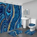 4PCS Blue Gold Marble Shower Curtain Sets with Rugs, Abstract Bathroom Sets with Shower Curtain and Rugs, Modern Bathroom Curtains Shower Set with Toilet Lid Cover for Bathroom Decor