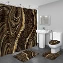 4PCS Brown Marble Shower Curtain Sets with Rugs, Modern Bathroom Set