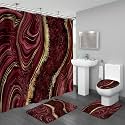 4PCS Burgundy Red Marble Shower Curtain Sets with Rugs, Abstract Bathroom Sets with Shower Curtain and Rugs, Gold Bathroom Curtains Shower Set with Toilet Lid Cover Accessories