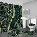4PCS Emerald Green Marble Shower Curtain Sets with Rugs, Modern Bath Set