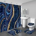4PCS Navy Blue Gold Marble Shower Curtain Sets with Rugs, Abstract Bathroom Sets with Shower Curtain and Rugs, Gold Bathroom Curtains Shower Set with Toilet Lid Cover Accessories