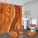 4PCS Orange Marble Bathroom Sets with Shower Curtain and Rugs