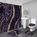 4PCS Purple Gold Marble Bathroom Sets with Shower Curtain and Rugs, Abstract Luxury Shower Curtain Sets with Rugs, Modern Bathroom Curtains Shower Set with Toilet Lid Cover