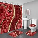 4PCS Red Gold Marble Shower Curtain Sets with Rugs, Modern Bathroom Set