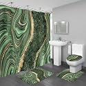 4PCS Sage Green Marble Bathroom Sets with Shower Curtain and Rugs