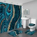 4PCS Teal Blue Gold Marble Shower Curtain Sets with Rugs, Abstract Bathroom Sets with Shower Curtain and Rugs, Modern Bathroom Curtains Shower Set with Accessories for Bathroom Decor