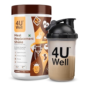 4uwell meal replacement shake for weight management amp control  chocolate flavour with free shaker  18 vitamins amp minerals  boosts energy amp metabolism - 500g