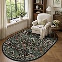 4x6 Oval Washable Rug Black Floral Rug Non-Slip Indoor Carpet