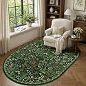 4x6 Oval Washable Rug Green Floral Rug Non-Slip Indoor Carpet