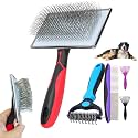 5-in-1 Dog & Cat Extra Long Pin Grooming Kit Slicker Brush for Large Dogs Cats Remove Loose Fur, Undercoat Brush for Shedding, Dematting Comb & Cleaner for Long Haired Pets