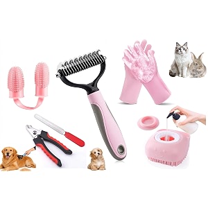 5-in-1 pet grooming kit for dogs cats rabbits pets toothbrush nail clipper with file deshedding grooming rake bath gloves amp silicone bath brush pet hair removal amp bathing accessories
