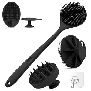 5-in-1 silicone body scrubber set  extra-long back scrubber brush oval exfoliating pad scalp massager amp face brush  bpa-free shower brush with transperant wall hooks matte black