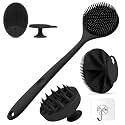 5-in-1 Silicone Body Scrubber Set – Extra-Long Back Scrubber Brush, Oval Exfoliating Pad, Scalp Massager & Face Brush | BPA-Free Shower Brush with Transperant Wall Hooks (Matte Black)