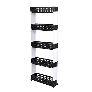 navrang plastic 5 layer black amp white multipurpose free standing tiered shelf kitchen storage slim rack with wheels for home office bedroom and bathroom 5 layer black amp white