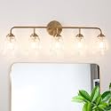 Daunton 5-Light Vintage Vanity Light, Brushed Brass Vanity Lighting, Elegant Bathroom Lighting Fixtures Over Mirror, Bathroom Vanity Light with Clear Glass Shade, Gold Wall Sconce for Bedroom