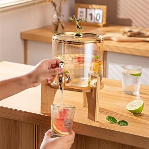 26 litre glass beverage dispenser with bamboo stand large drink container with spigot ideal for cold drinks iced tea lemonade home kitchen amp restaurant dk - 1