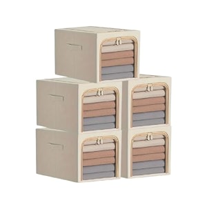5 pack clothes storage bins with metal frame foldable clothing storage bins with lids 31l stackable storage box storage bags fabric bins organizer with clear window zippers sturdy handles
