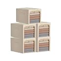 5 Pack Clothes Storage Bins with Metal Frame, Foldable Clothing Storage Bins with Lids, 31L Stackable Storage Box Storage Bags Fabric Bins Organizer with Clear Window＆ Zippers＆ Sturdy Handles
