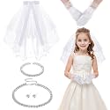 Pistha 5 Pack First Communion Veil Set for Girls Bowknot Lace Veil Satin Gloves Rhinestone Accessories for Wedding Party, White