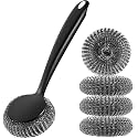 Foensc 5 Pack Steel Wool Scrubber, Improved Stainless Steel Scrubber, Metal Scrubber with Long Handle, Steel Scrubber for Dishes, Cast Iron, Pots, Pans, Grills and Sinks, Black