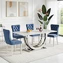 5-Piece Faux Marble Dining Table Set for 4, Luxury White Marble Silver Kitchen Table with 4 Blue Tufted Chairs, 69.3" Rectangular Dining Room Table with Dual U-Shape Stainless Steel Base