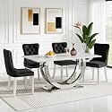 5-Piece Faux Marble Dining Table Set for 4, Luxury White Marble Silver Kitchen Table with 4 Black Tufted Chairs, 69.3" Rectangular Dining Room Table with Dual U-Shape Stainless Steel Base
