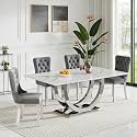 5-Piece Faux Marble Dining Table Set for 4, Luxury White Marble Silver Kitchen Table with 4 Grey Tufted Chairs, 69.3" Rectangular Dining Room Table with Dual U-Shape Stainless Steel Base