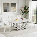 5-Piece Faux Marble Dining Table Set for 4, Luxury White Marble Silver Kitchen Table with 4 Beige Tufted Chairs, 69.3" Rectangular Dining Room Table with Dual U-Shape Stainless Steel Base