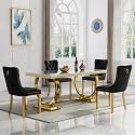 5 Piece Marble Dining Table Set for 4, Luxury White Marble Gold Kitchen Table with 4 Black Velvet Upholstered Chairs, Modern 4 Person Dining Room Table Set for Kicken Dining Office Room