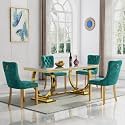 5 Piece Marble Dining Table Set for 4, Luxury White Marble Gold Kitchen Table with 4 Green Velvet Upholstered Chairs, Modern 4 Person Dining Room Table Set for Kicken Dining Office Room