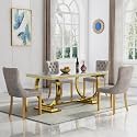 5 Piece Marble Dining Table Set for 4, Luxury White Marble Gold Kitchen Table with 4 Grey Velvet Upholstered Chairs, Modern 4 Person Dining Room Table Set for Kicken Dining Office Room