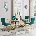 5 Piece Marble Dining Table Set for 4, Luxury 68"" Black Marble Gold Kitchen Table with 4 Green Velvet Upholstered Chairs, Modern 4 Person Dining Room Table Set for Kicken Dining Office Room