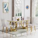 5 Piece Marble Dining Table Set for 4, Luxury White Marble Gold Kitchen Table with 4 Beige Velvet Upholstered Chairs, Modern 4 Person Dining Room Table Set for Kicken Dining Office Room