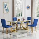 5 Piece Marble Dining Table Set for 4, Luxury White Marble Gold Kitchen Table with 4 Blue Velvet Upholstered Chairs, Modern 4 Person Dining Room Table Set for Kicken Dining Office Room